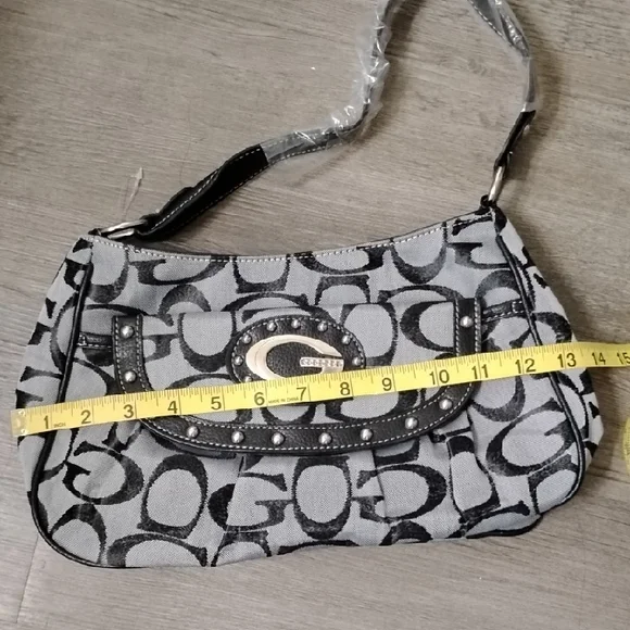 Guess Black and Gray Signature Canvas Shoulder Bag with Studded Flap - Picture 9 of 10